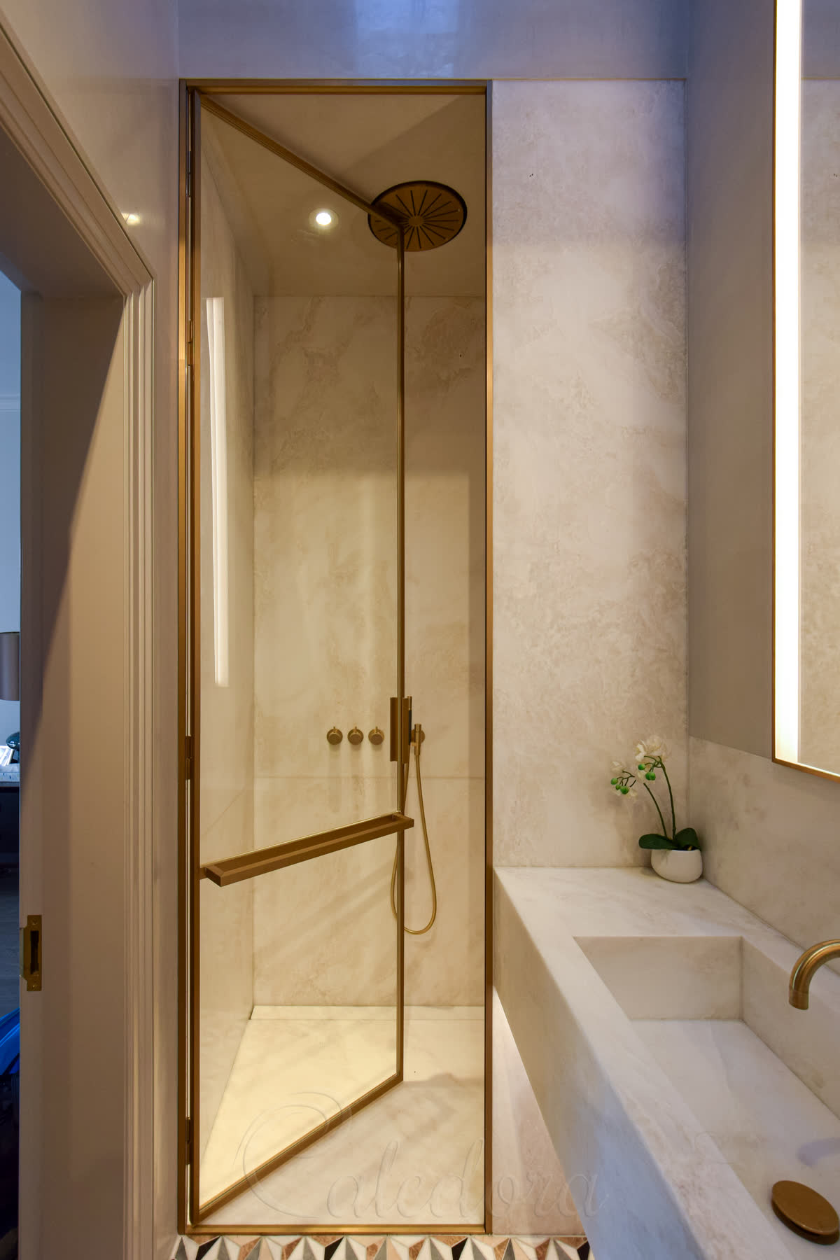 Brass framed shower door — slim brass-tone anodised aluminium frame profile around clear glass with brass shower controls inside
