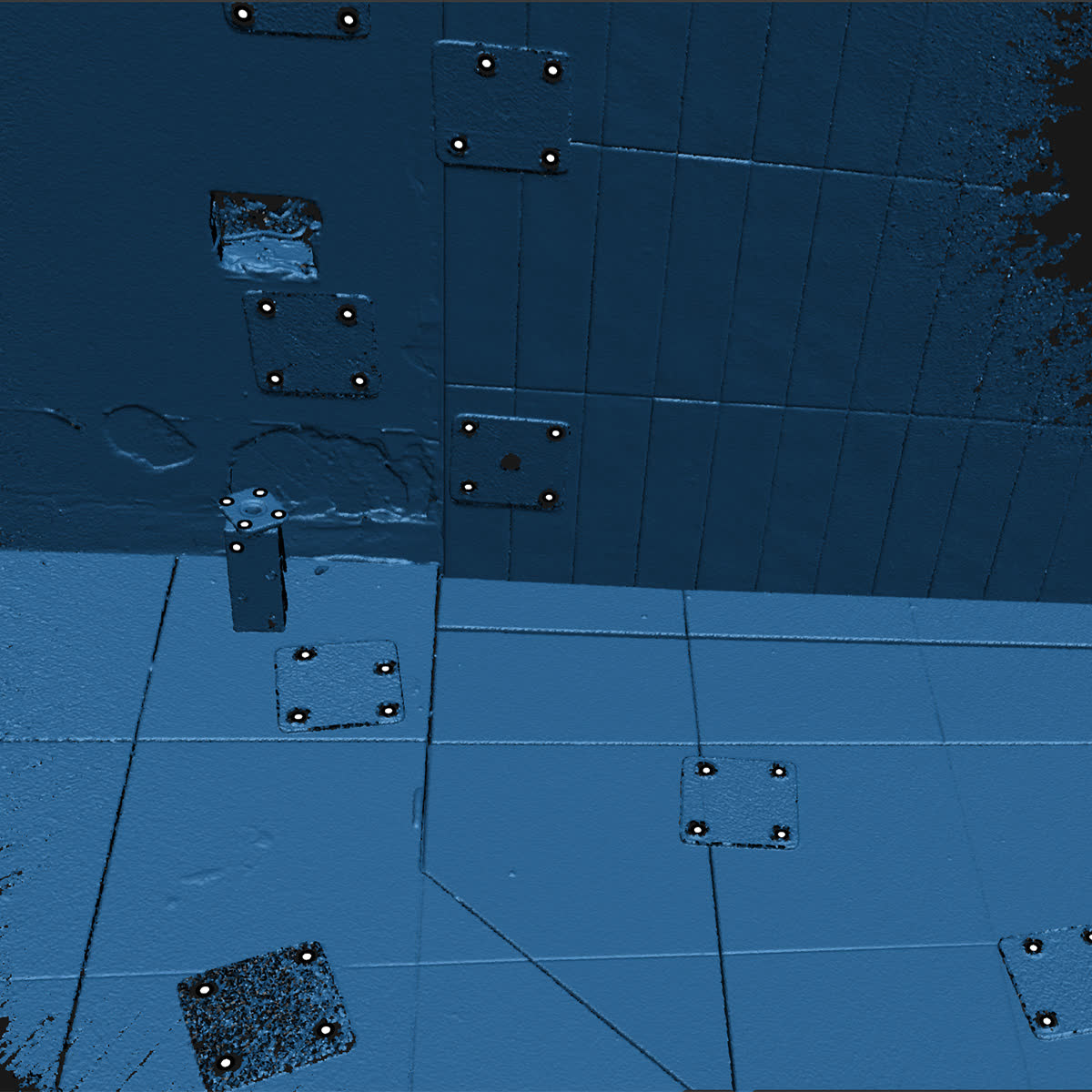 3D scan of a bespoke shower corner showing point-cloud reference markers across walls, floor and drain