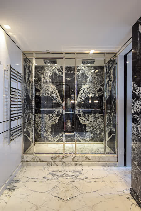 shower enclosure with two doors and polished nickel perimeter frame