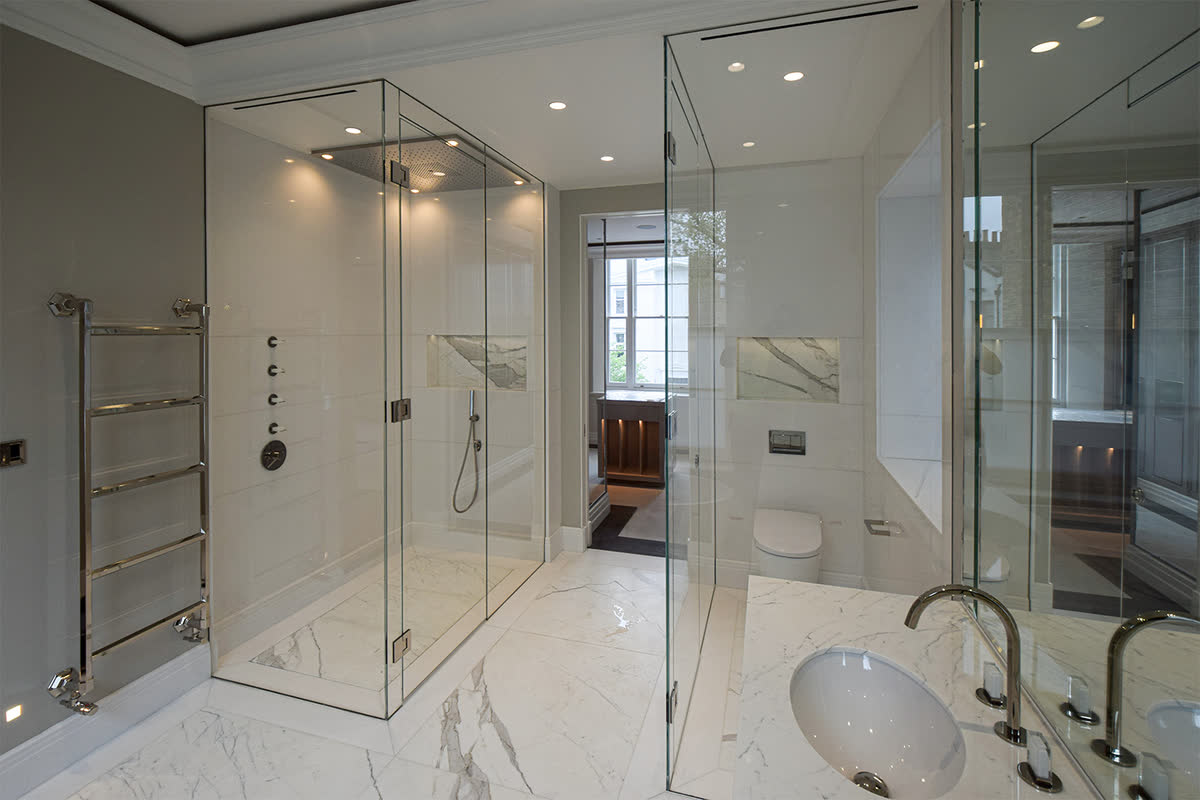 full height shower enclosure wall-recessed