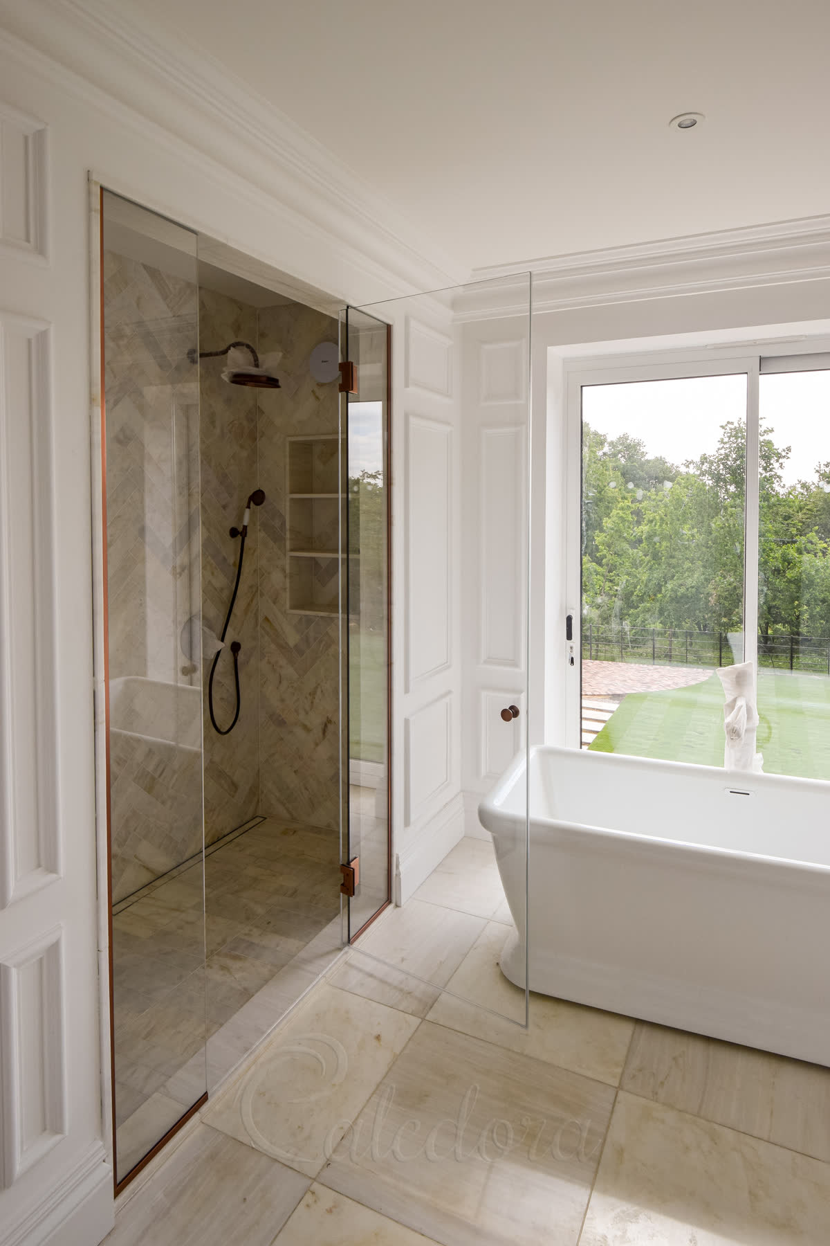 Left view of alcove shower with door fully opened outwards revealing the elegant dual shower head system inside