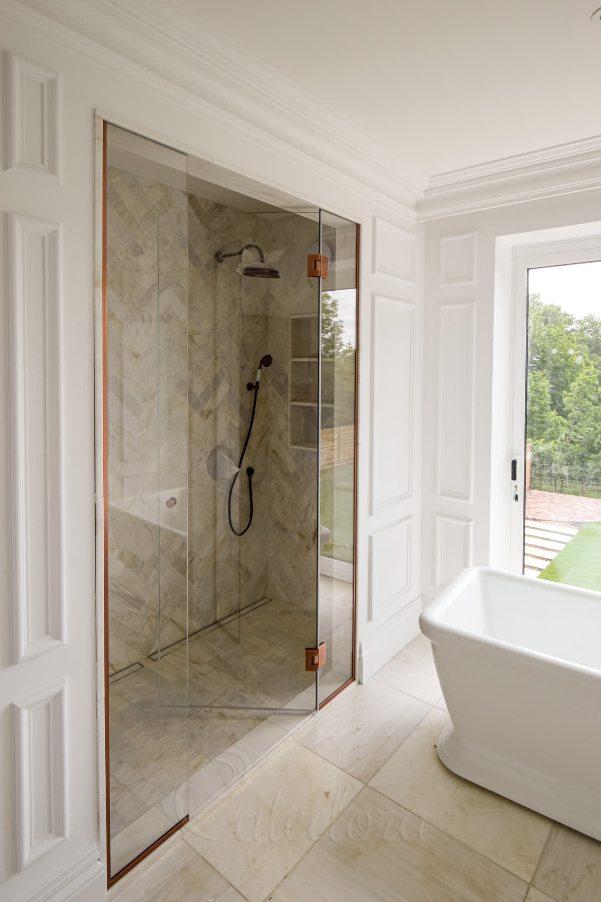 Left-angle view of the inline shower door partially opened inwards, showing the relationship between the door and side panels