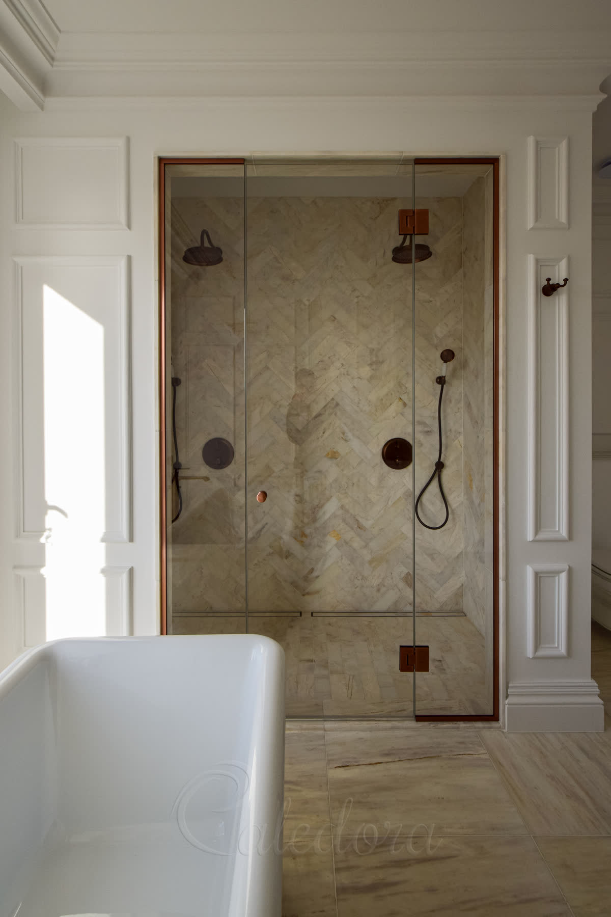 Alternative installation of the same alcove shower enclosure design with bath positioned on the left instead of right