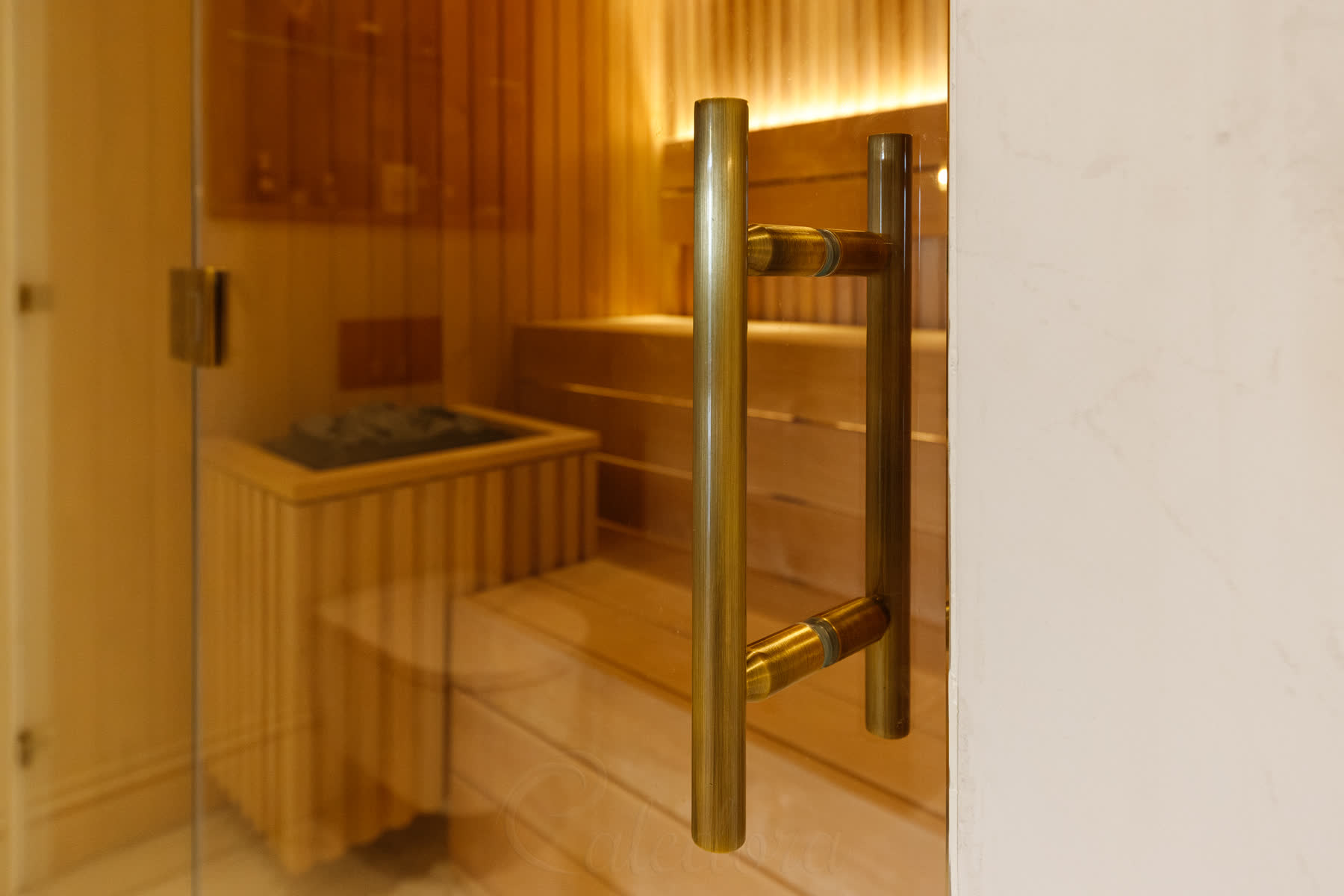 Detail of antique brass ladder-style handle on sauna glass door