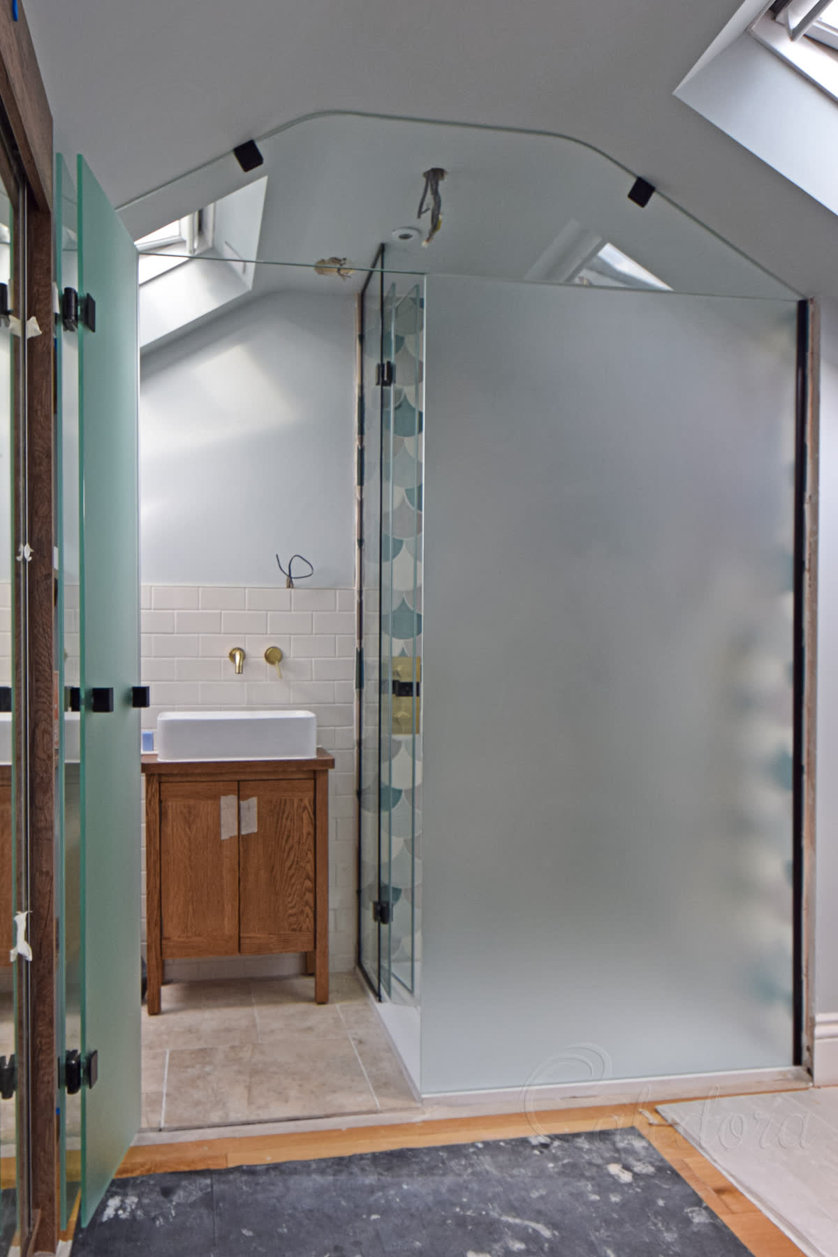 Black folding system fully open from bedroom showing complete dual bifold operation