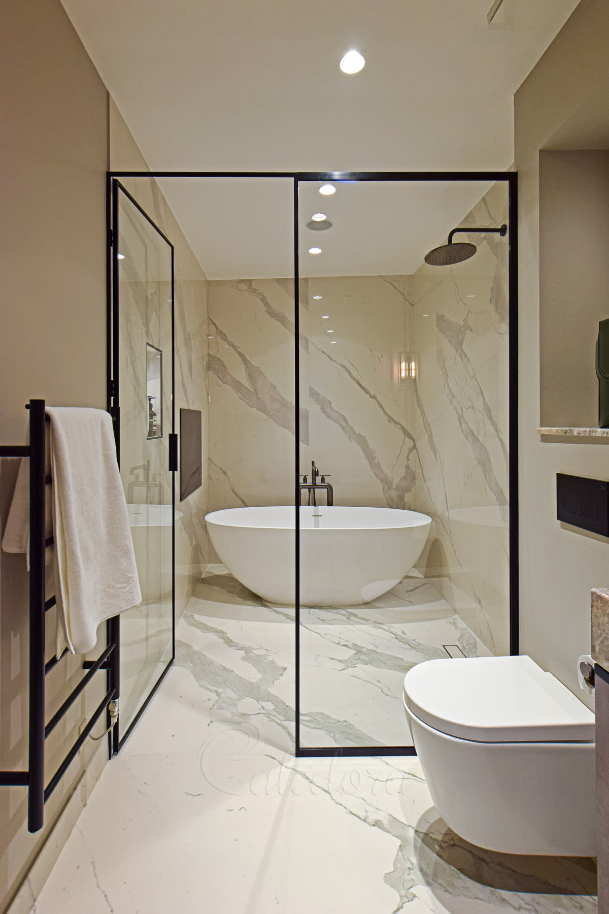 Black framed partition with door fully open showing toilet and vanity area