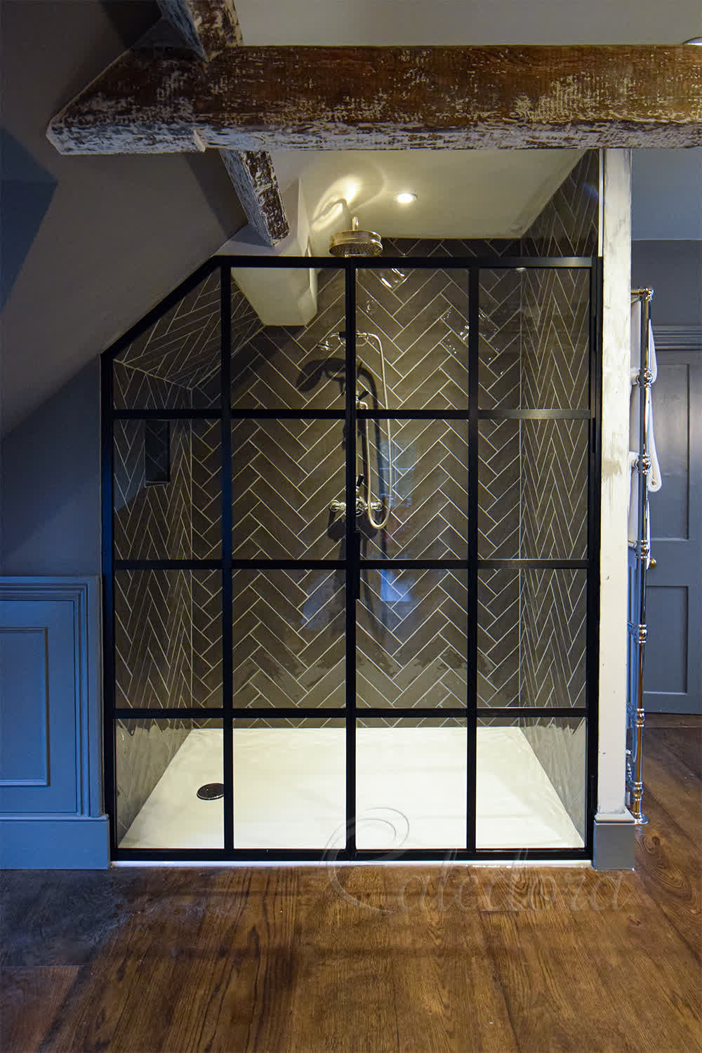 Black grid shower door and screen with equal spaced grid pattern in Reading bathroom