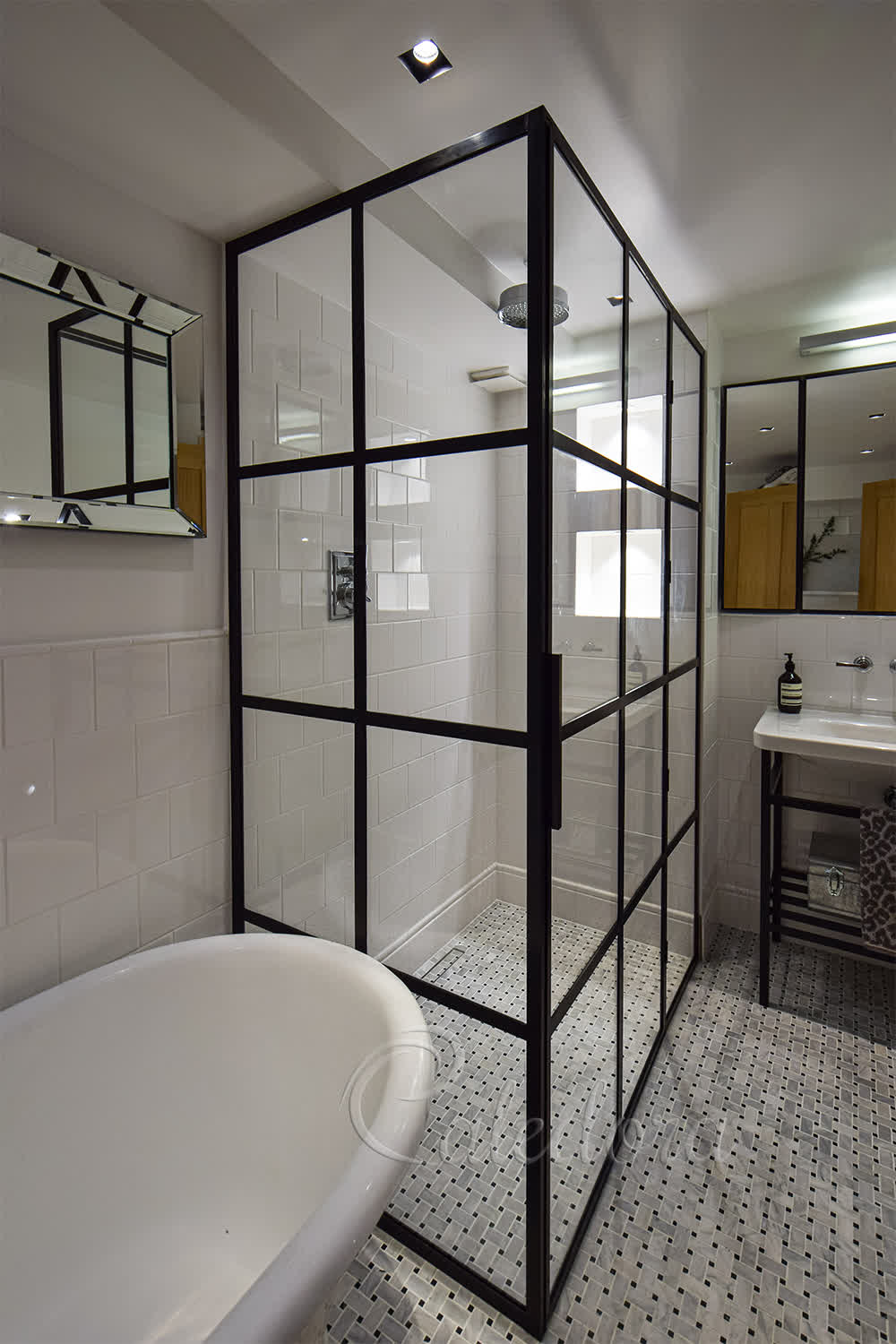 Black grid shower enclosure with clear glass and slim aluminium frame