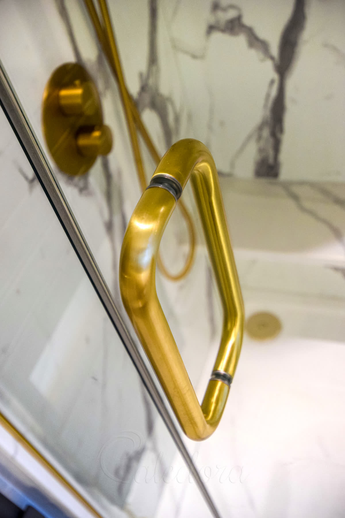 Brushed brass handle on glass door between shower screens with discreet seals