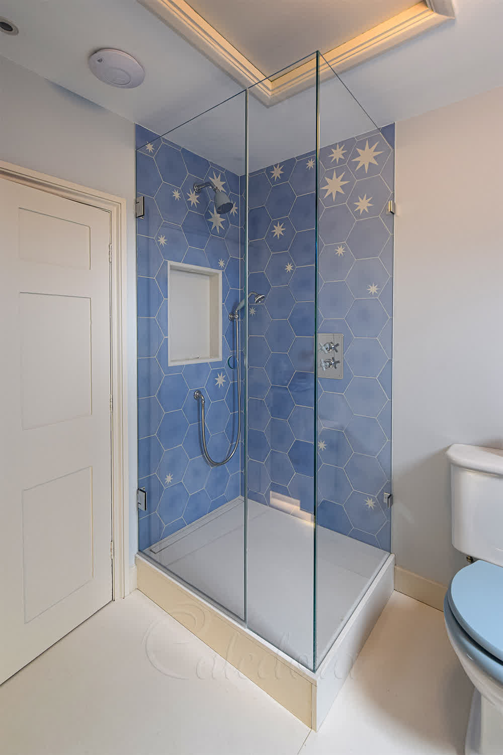 Chrome shower enclosure with polished chrome hinges in corner position