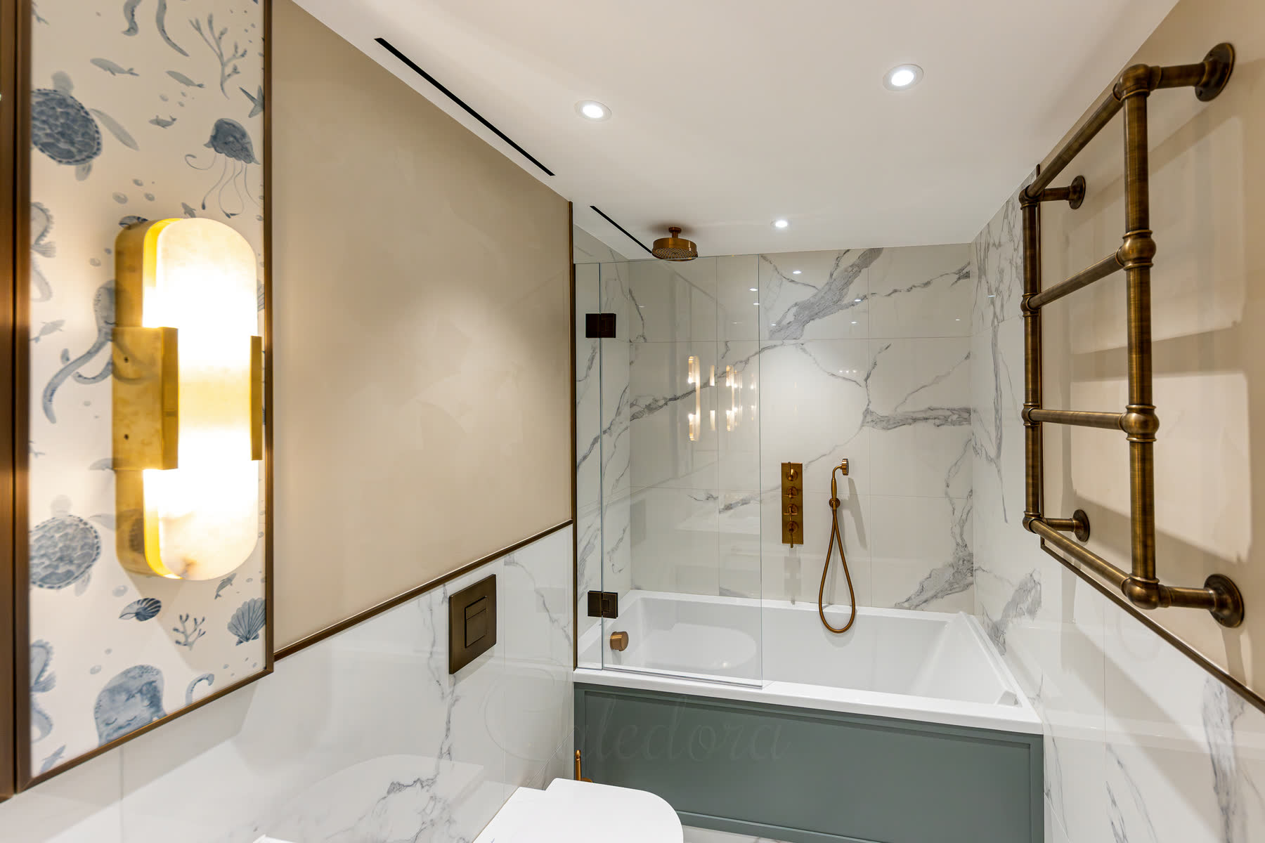 Wide view of frameless bath screen installation in modern bathroom