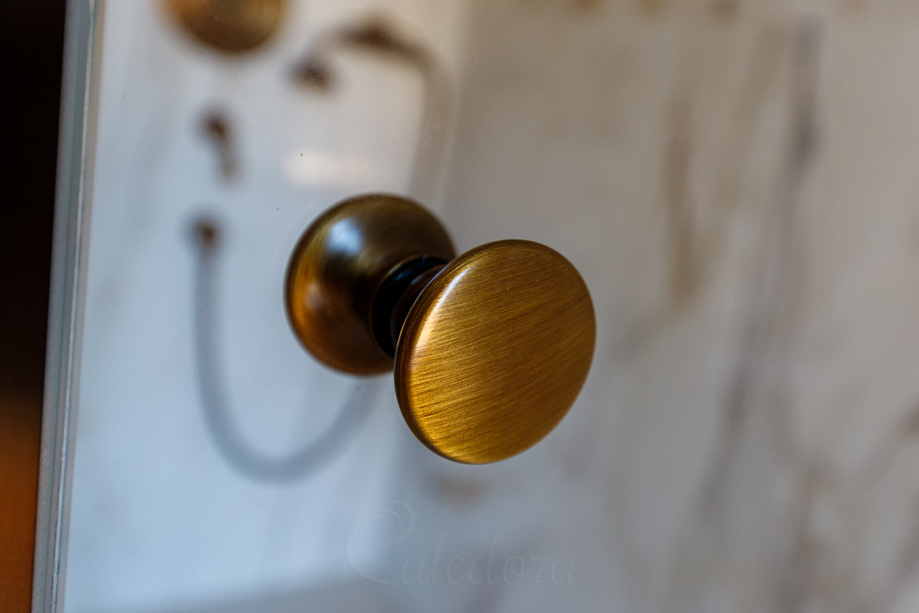 Traditional antique brass doorknob detail on frameless shower door with brushed finish
