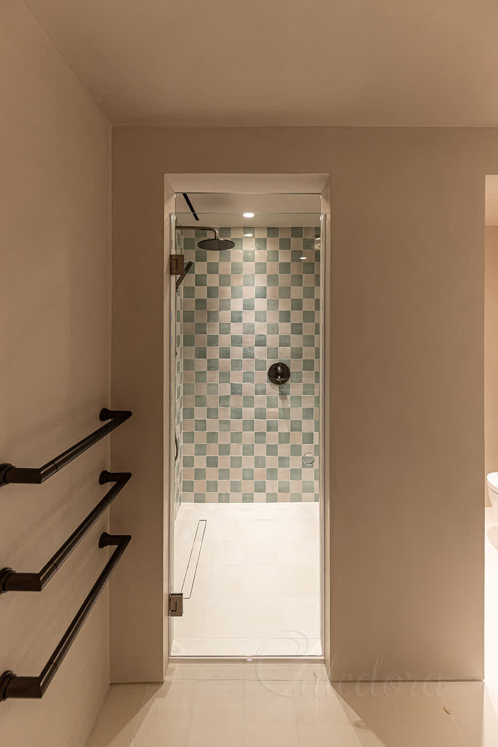 Frameless shower glass door with brushed nickel hinges, circular handle, and open-top ventilation gap