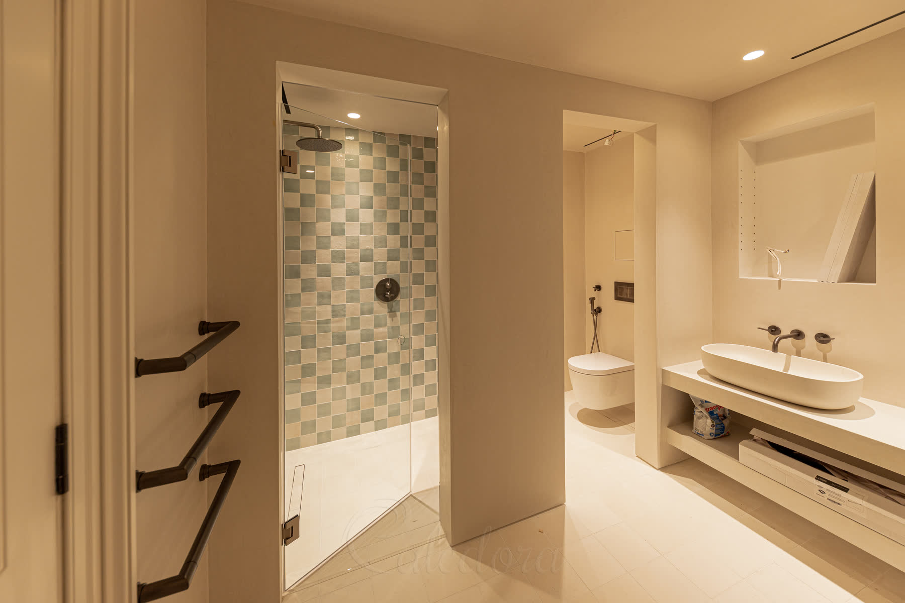 Minimalist frameless shower door hinged design with self-centering mechanism