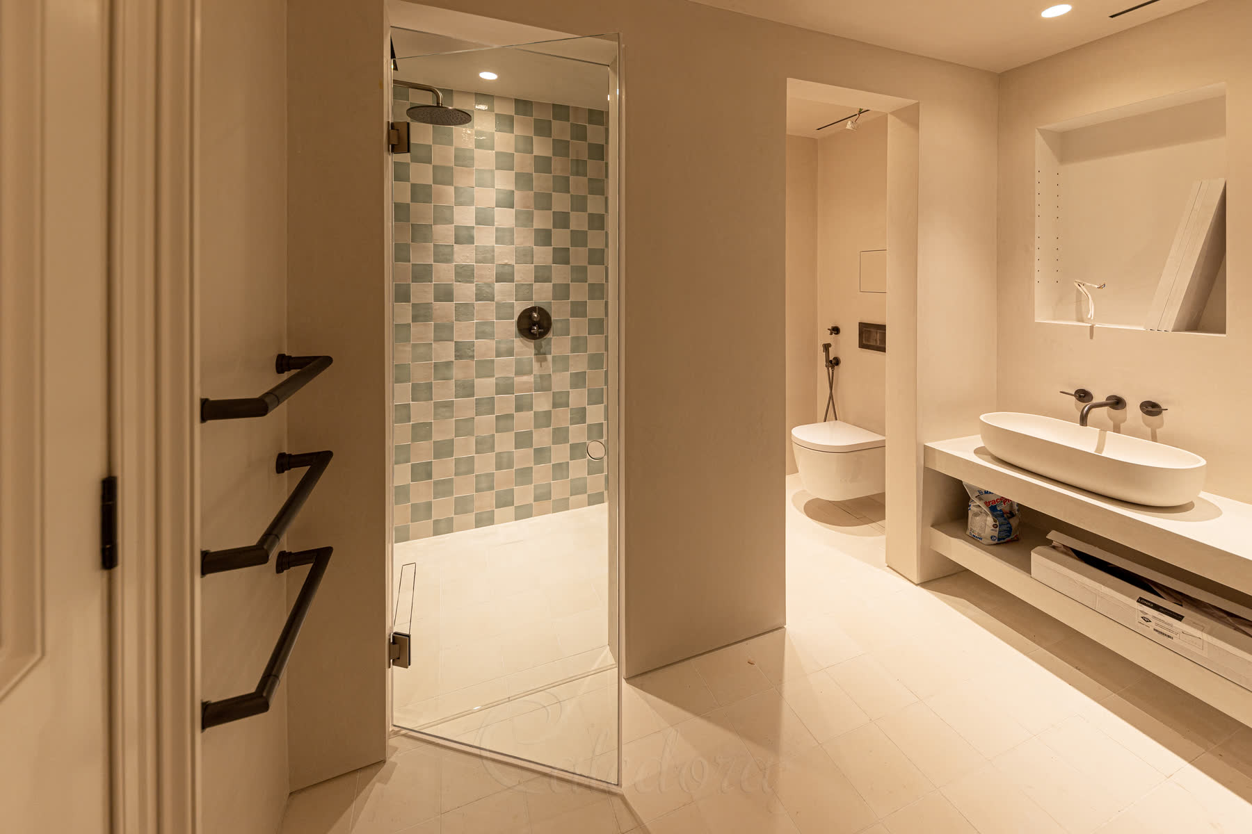 Frameless hinged shower door against microcement wall with invisible seals