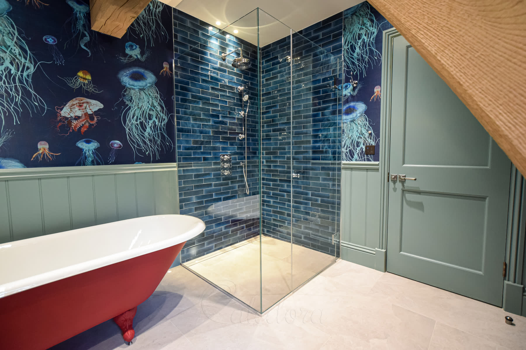 Corner frameless shower enclosure with self-centering hinges and jellyfish wallpaper bathroom design