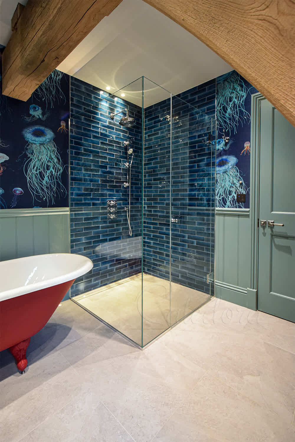 Frameless shower enclosure with chrome hinges in corner bathroom Beaconsfield