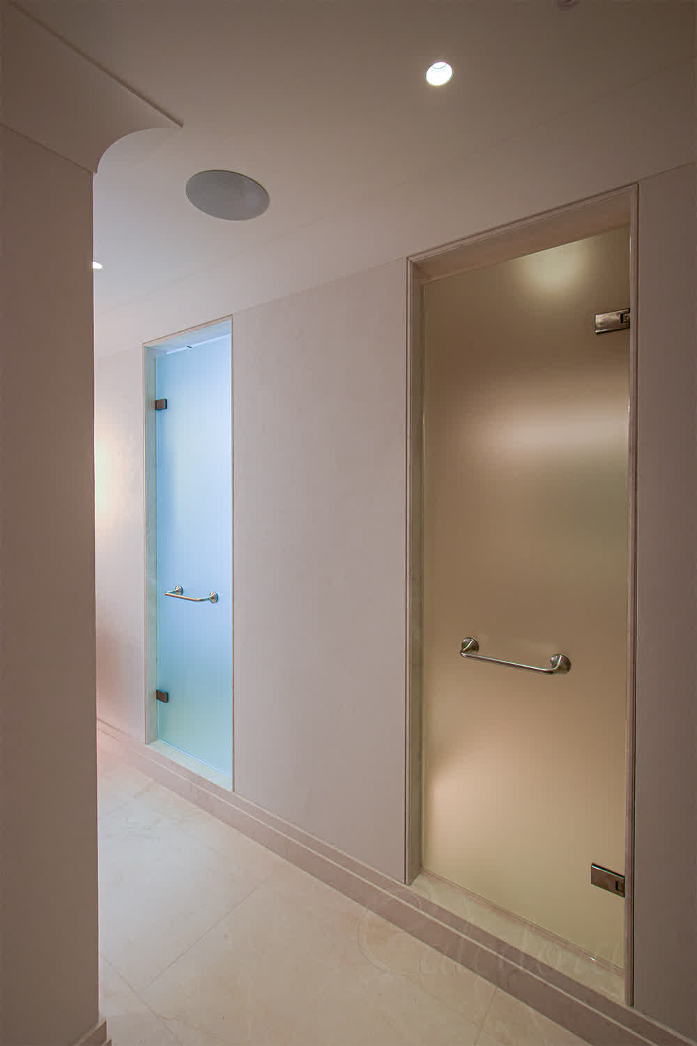 Frosted frameless shower and WC doors in acid-etched glass with stainless hinges and clean finishes