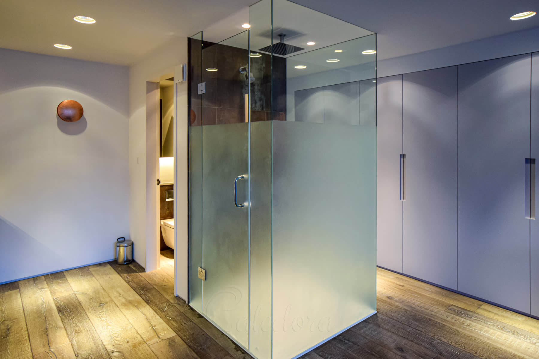 Opaque glass shower enclosure showing sandblasted section with clear glass transition near ceiling