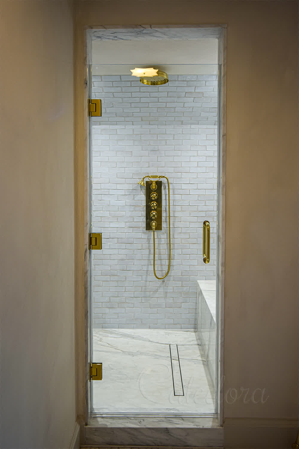 Gold shower door with polished gold hinges and white subway tiles