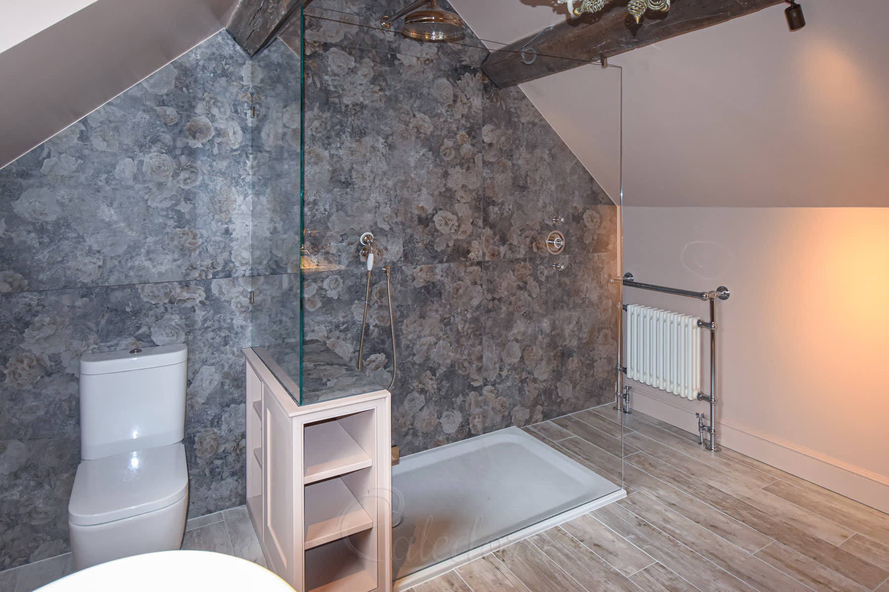 Horizontal view of the custom shower screen showing the cut-out for the built-in bench