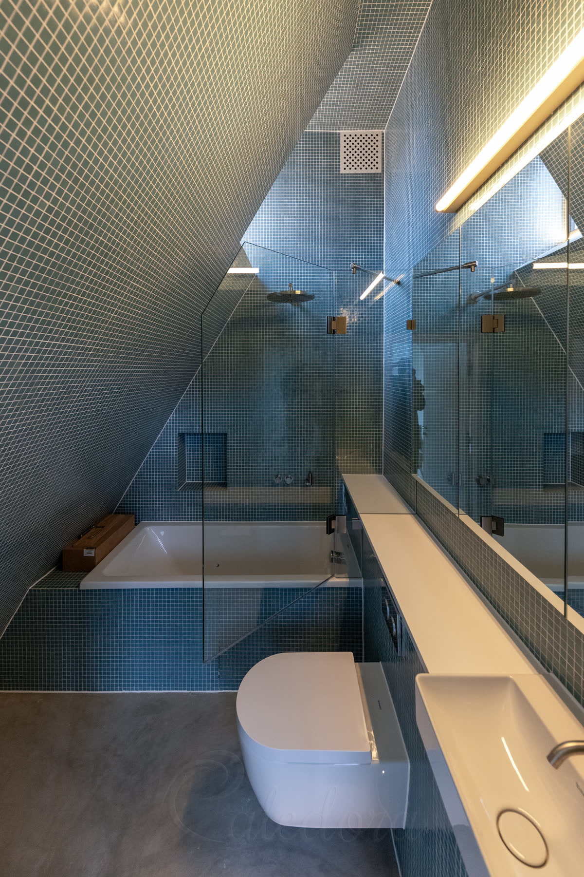 Loft bath screen with the hinged panel swung open showing access to the bath under the sloped ceiling