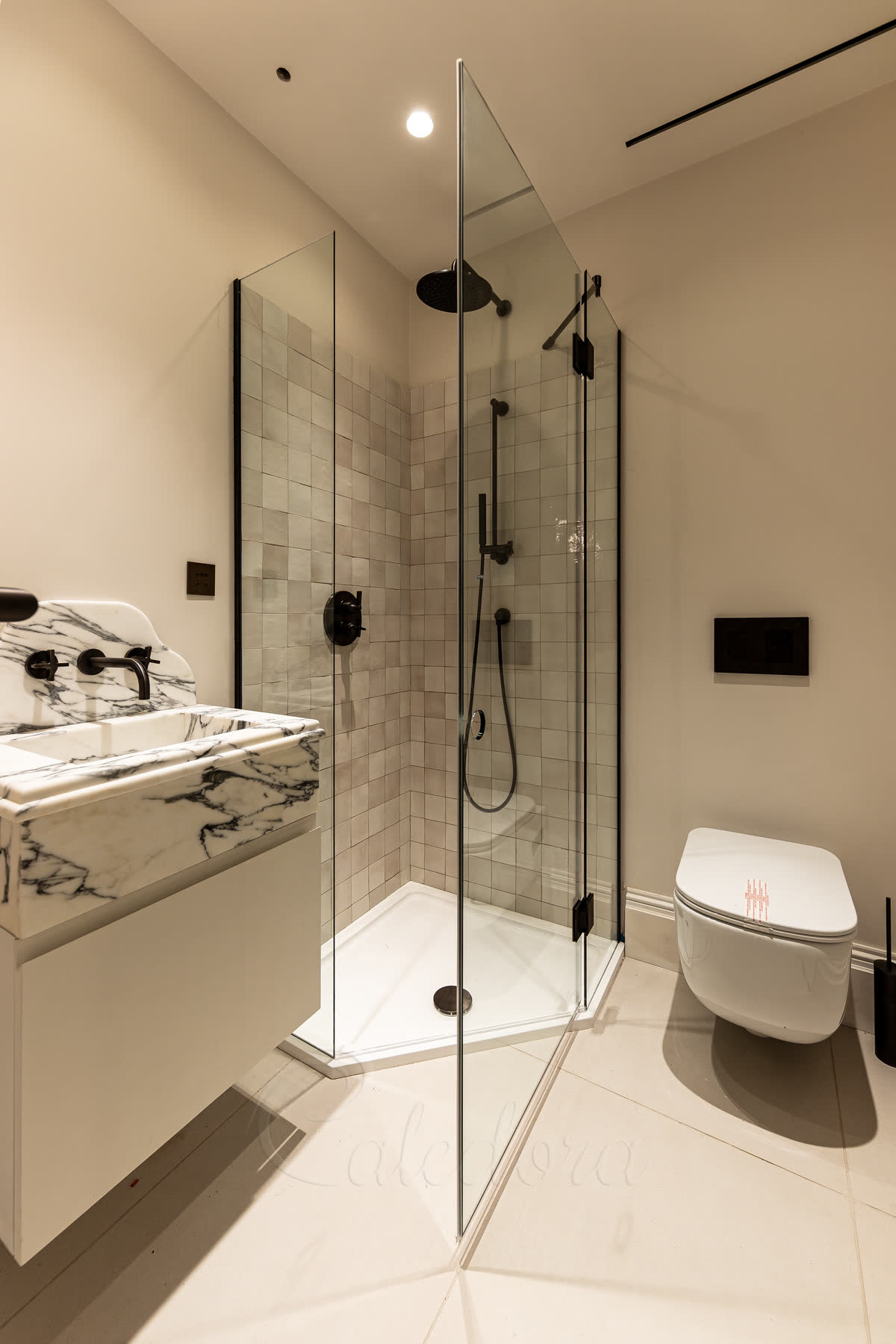 Pentagon shower door opened at 45 degrees showing space-efficient design preventing toilet clash