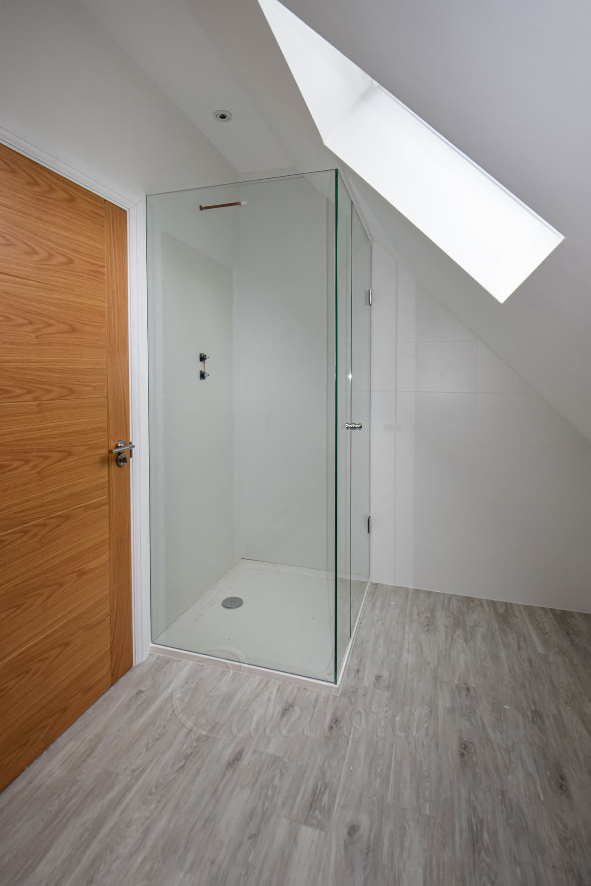 Corner shower enclosure with hinged door featuring wall-recessed glass panels