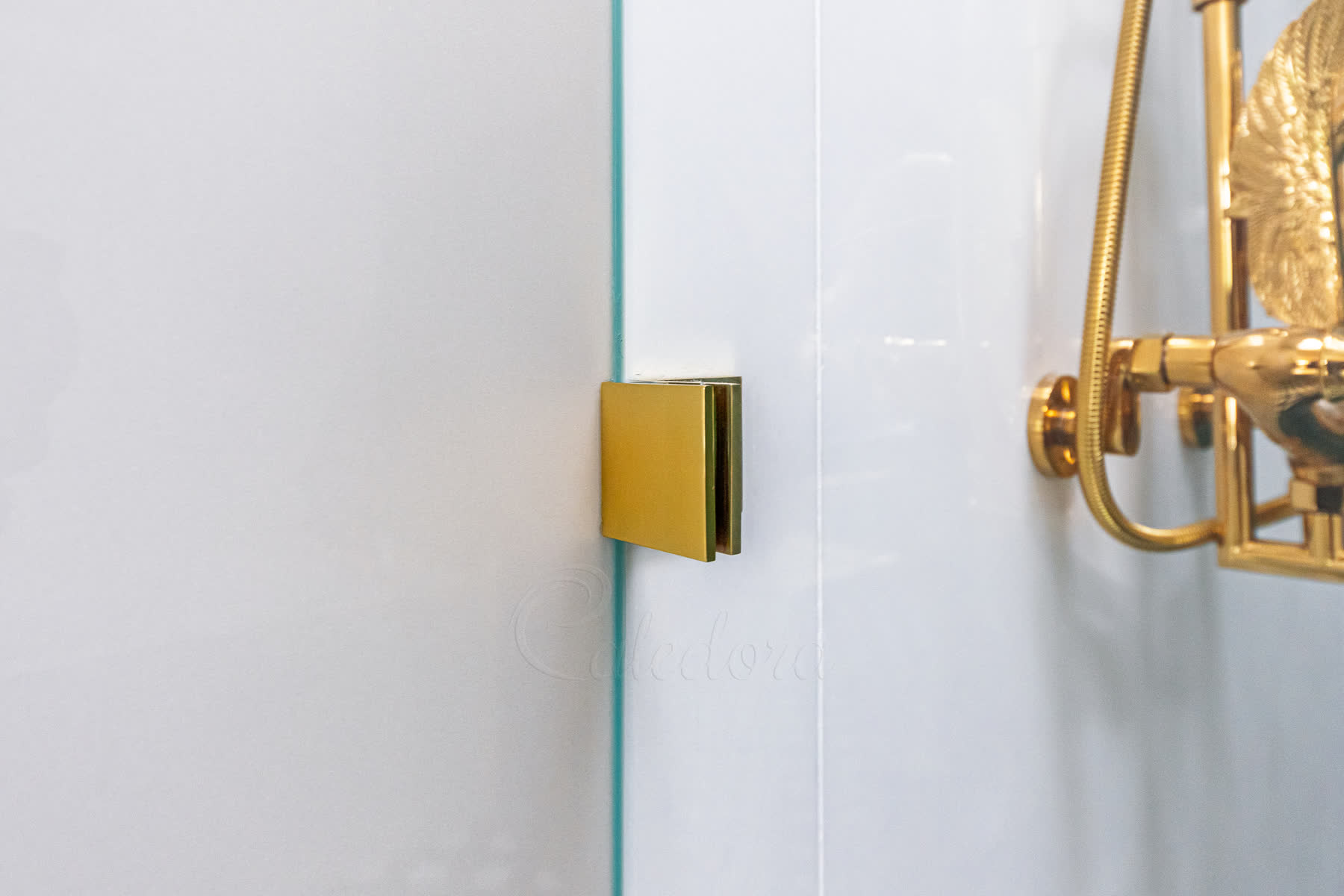 Close-up detail of polished brass wall bracket on shower screen with return panel