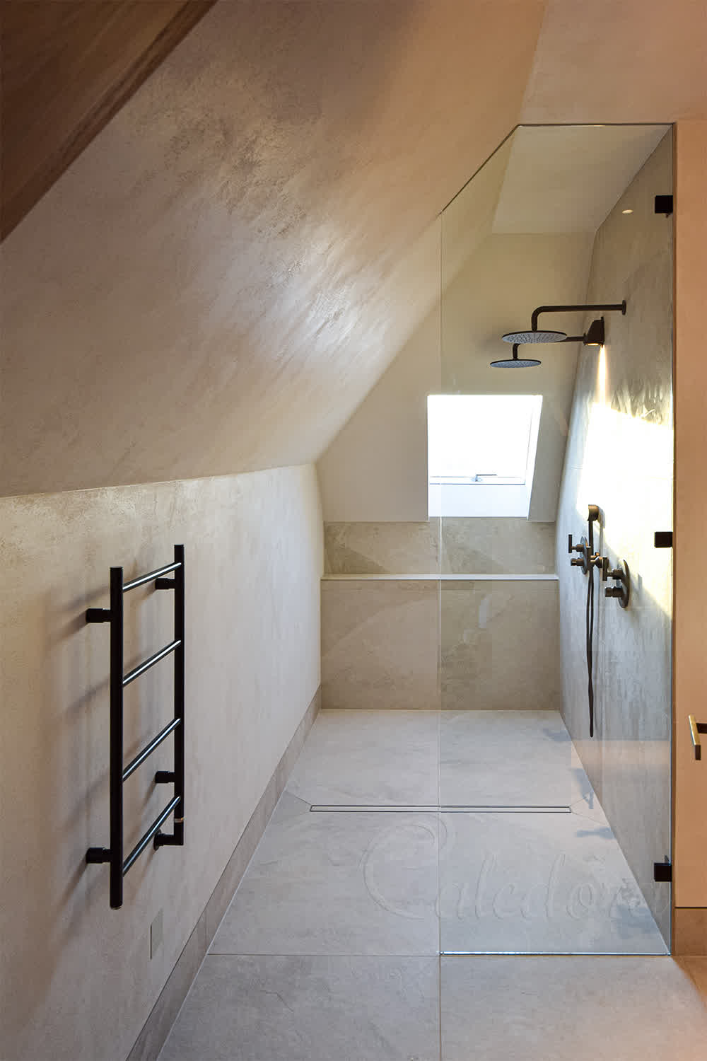 Small shower screen with narrow glass panel under sloped ceiling