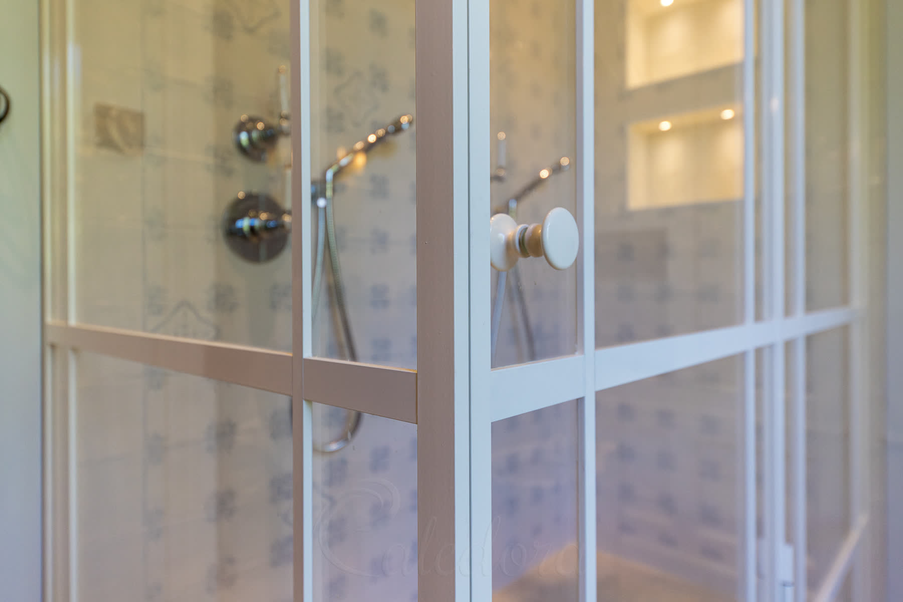 Close-up detail of white frame alignment with door positioning