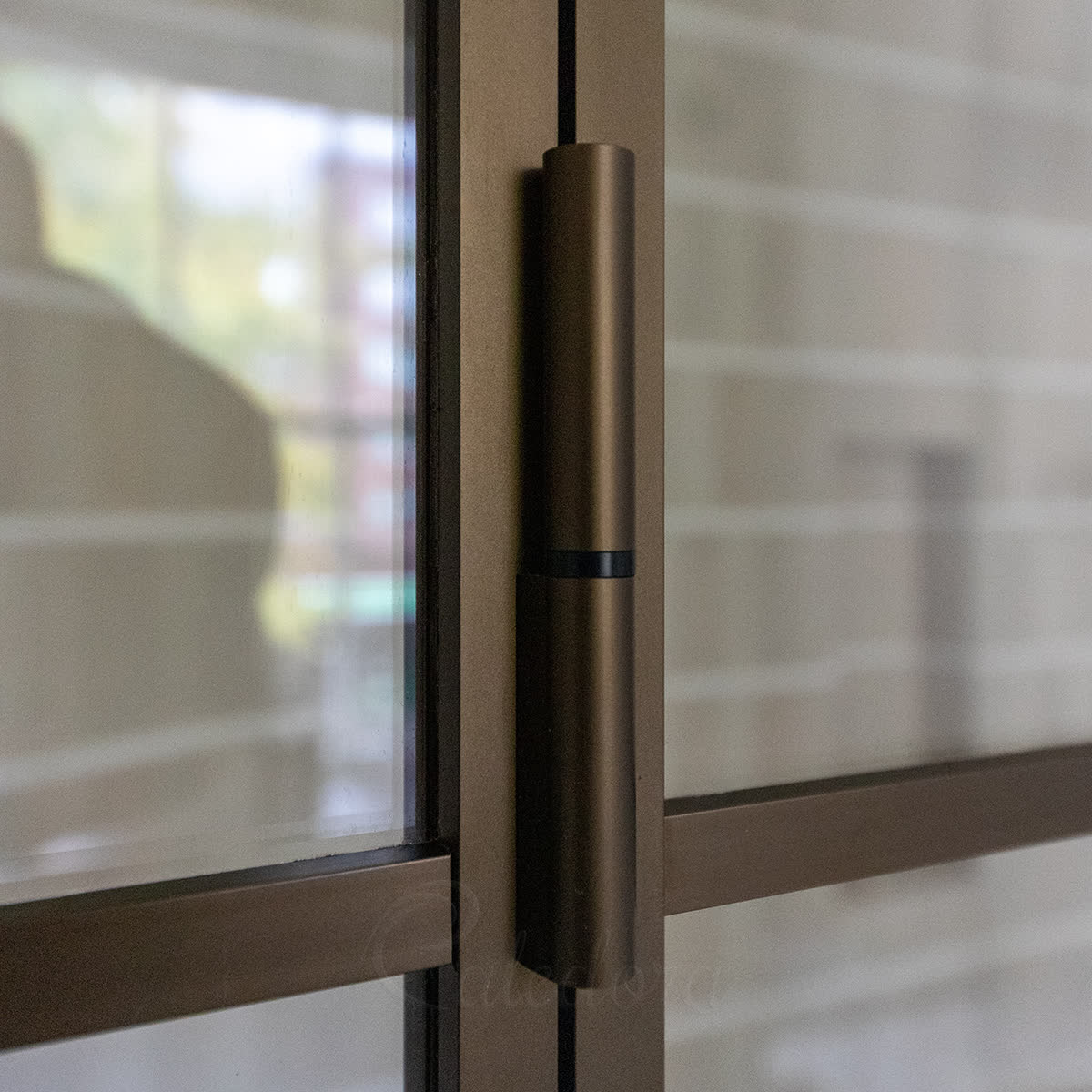 Close-up of a bronze 10mm-diameter pin hinge on a framed shower door — anodised aluminium frame profile around the glass, framed system swings 180° one direction