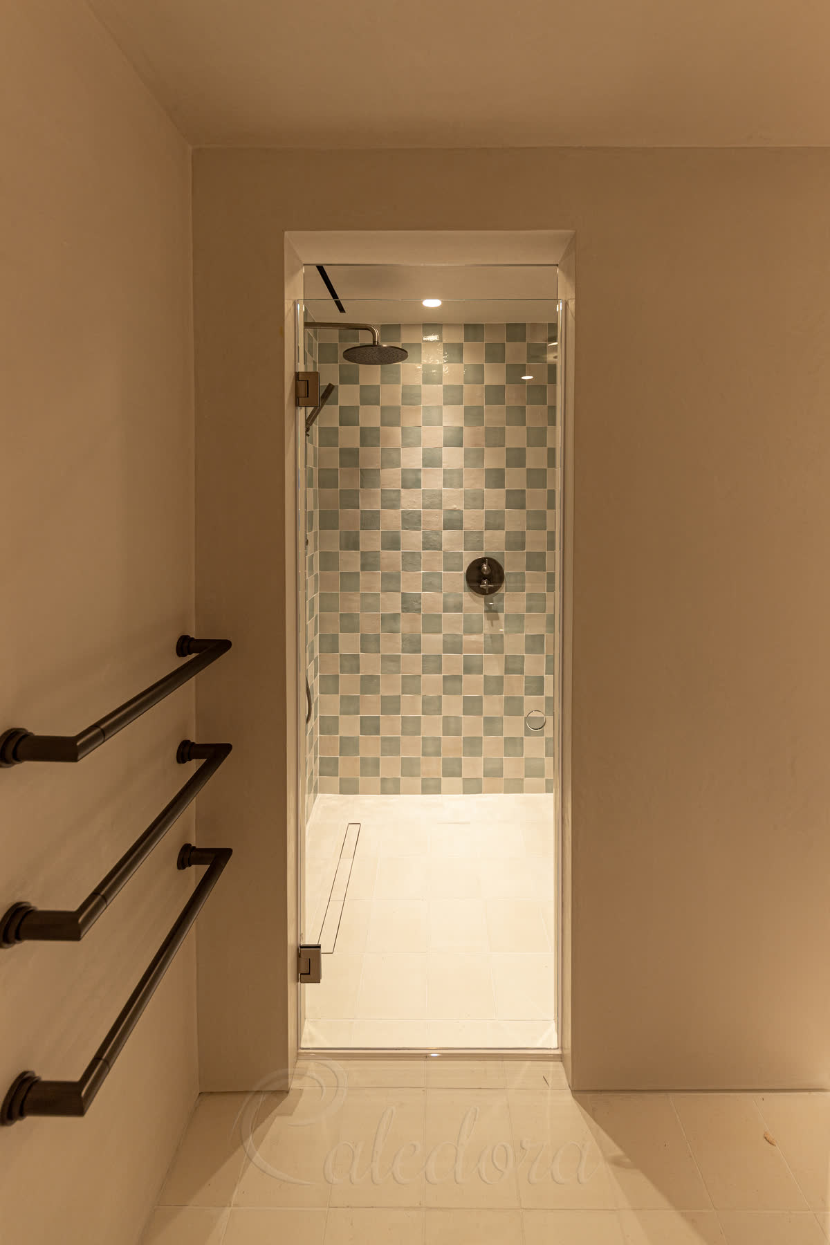 Brushed nickel frameless hinged shower door with a circular handle cutout, 10mm ultra clear glass and self-centring hinges against a microcement wall