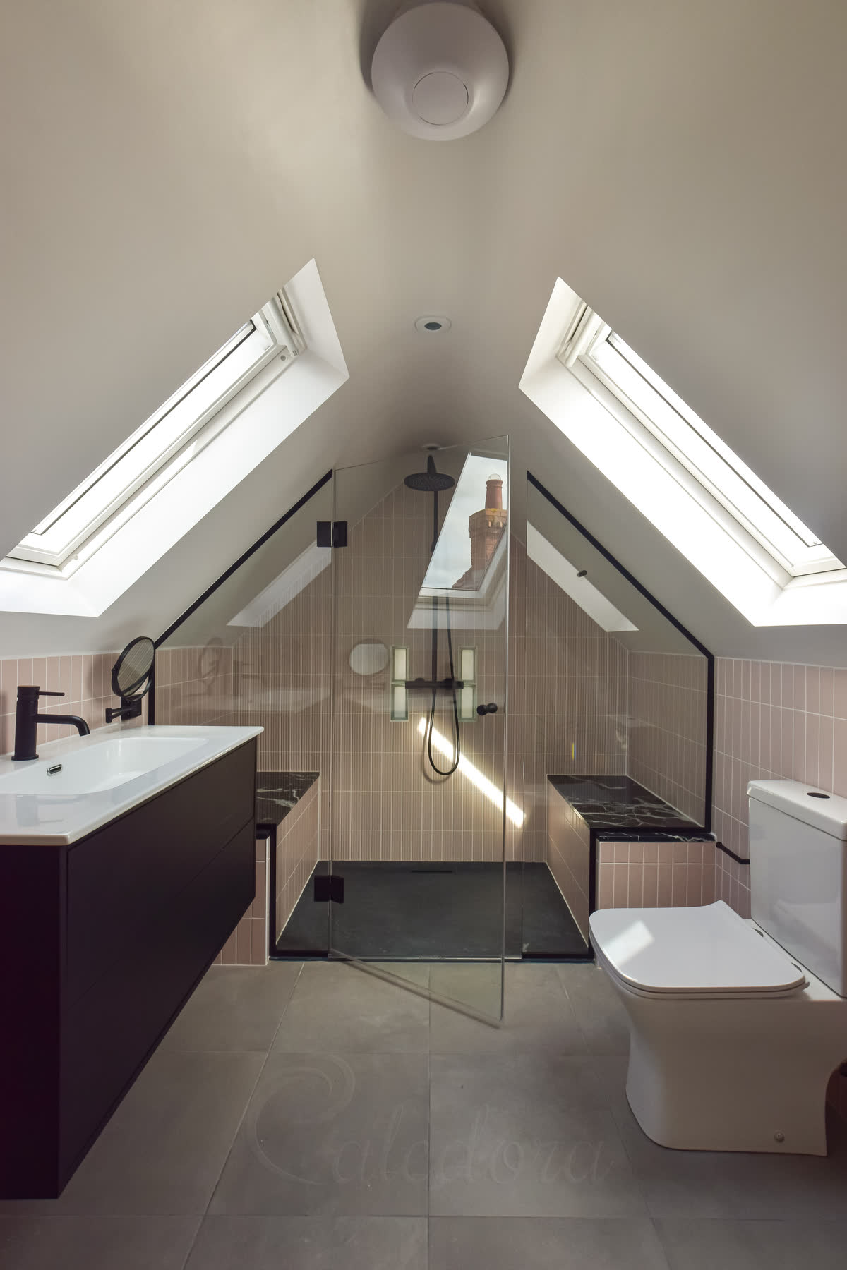 Glass-to-glass frameless hinged shower door in a loft bathroom under pitched eaves — the fixed glass panels are shaped to follow the sloped ceiling on both sides, the door hinges off one of those shaped panels with matte black hardware