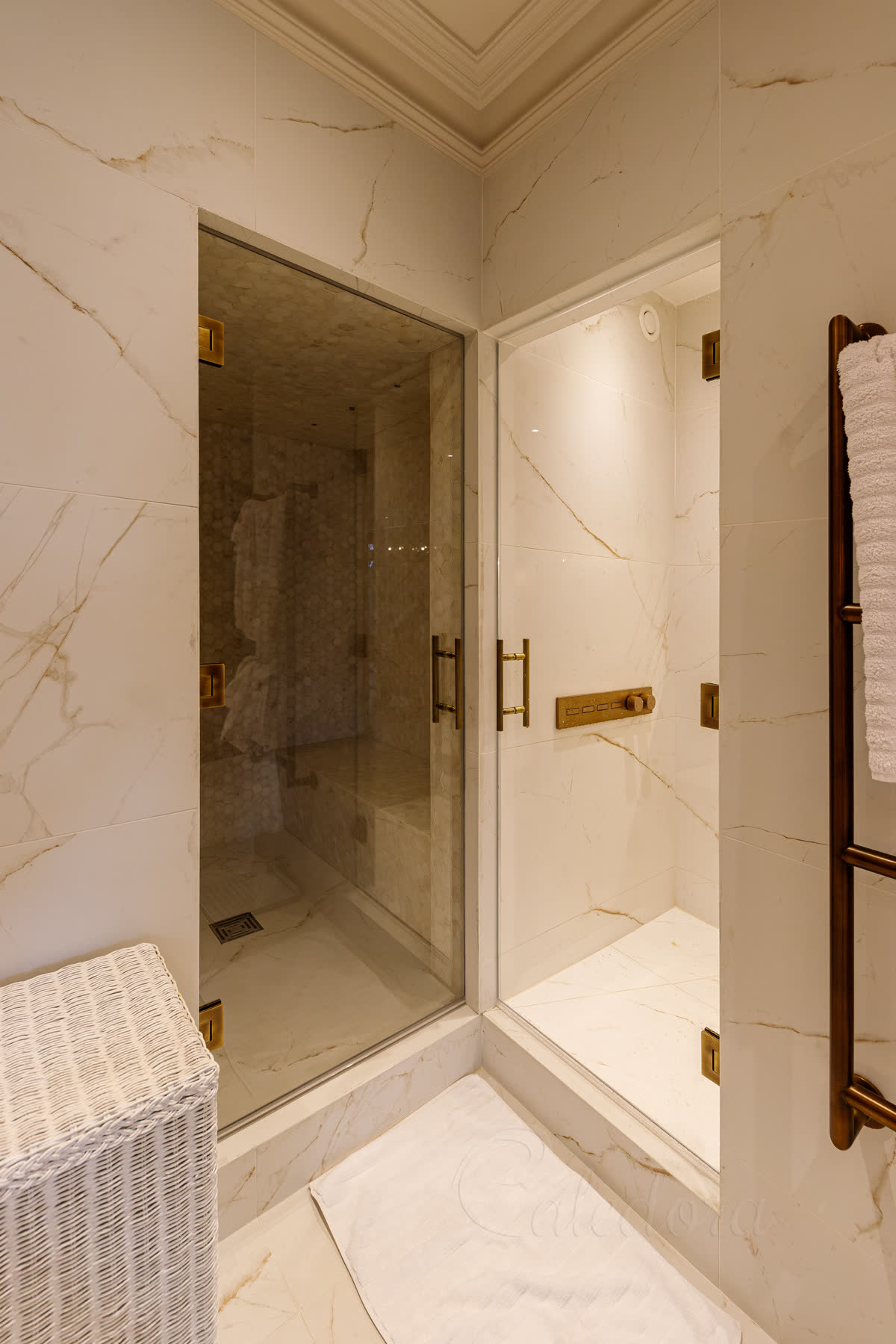 Dual frameless shower doors with brass hinges and ladder-style handles
