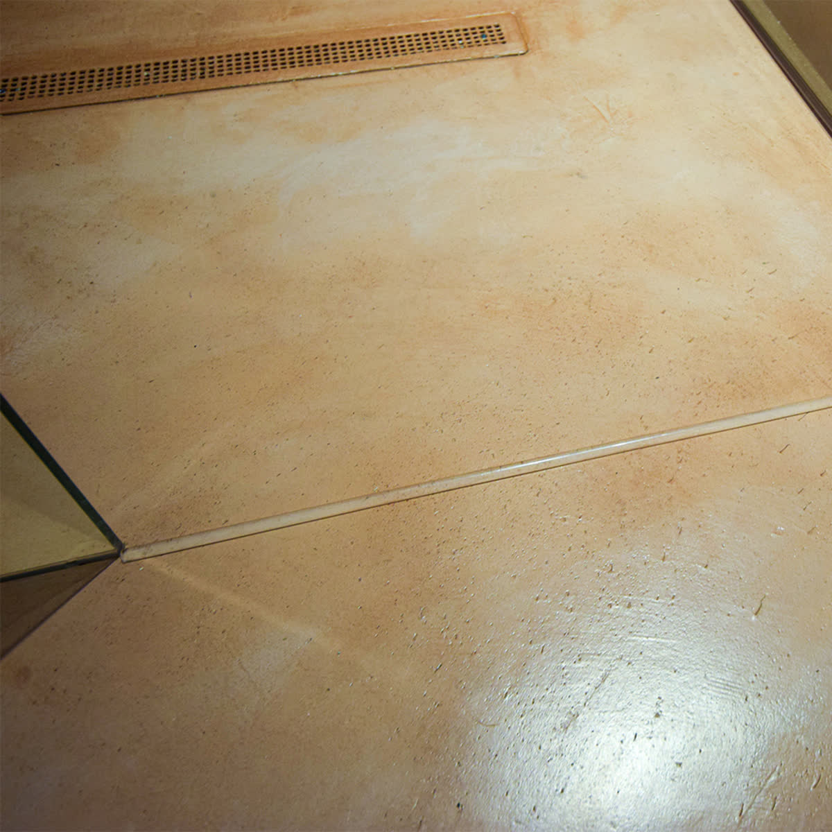 Clear acrylic threshold bonded to the floor in front of a sliding shower door, blocking water at floor level