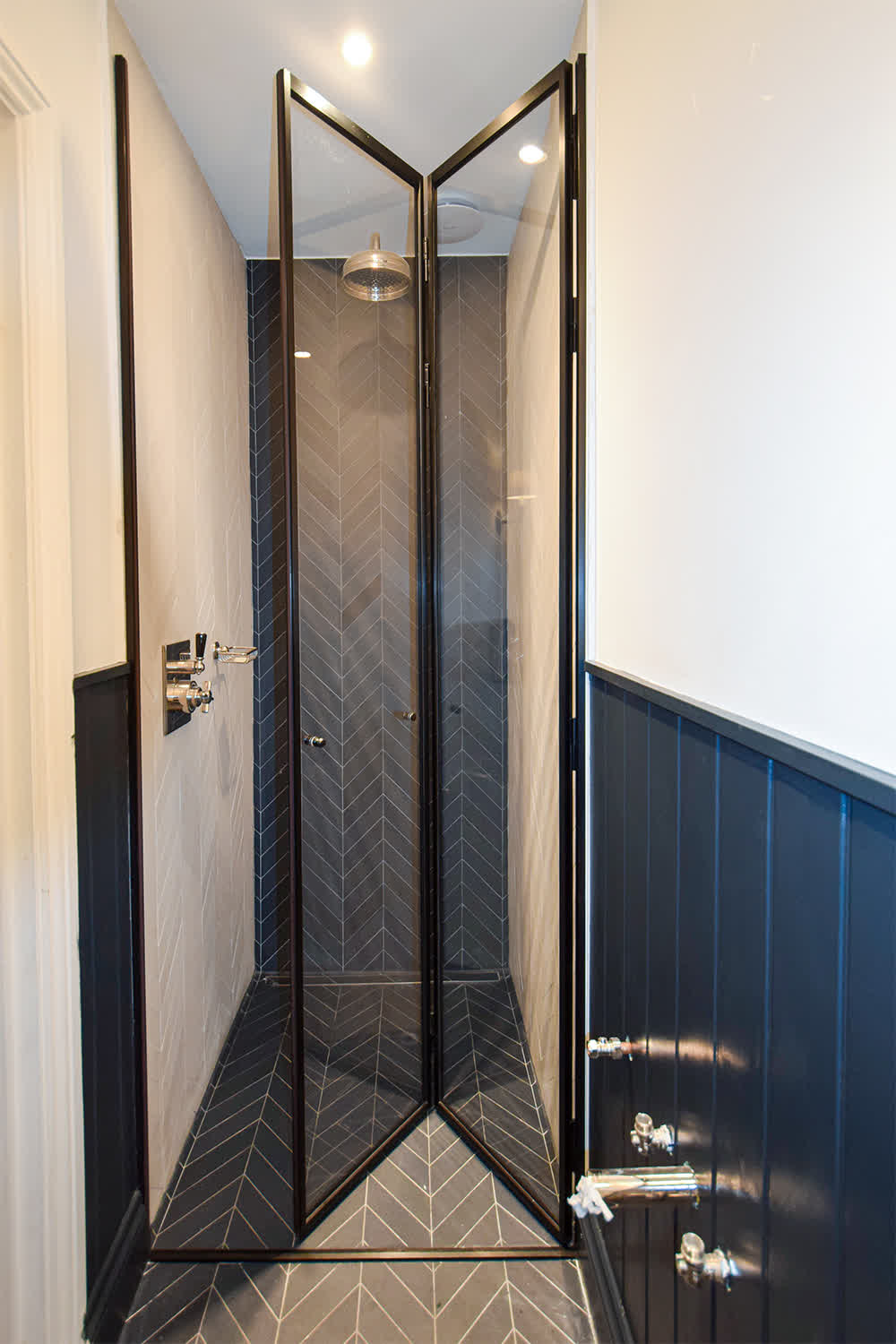 Bifold shower door with black frame