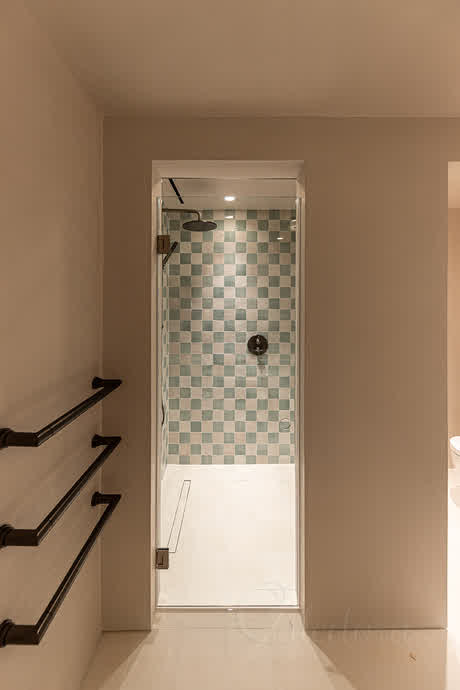 frameless shower door with nickel handle and hinges