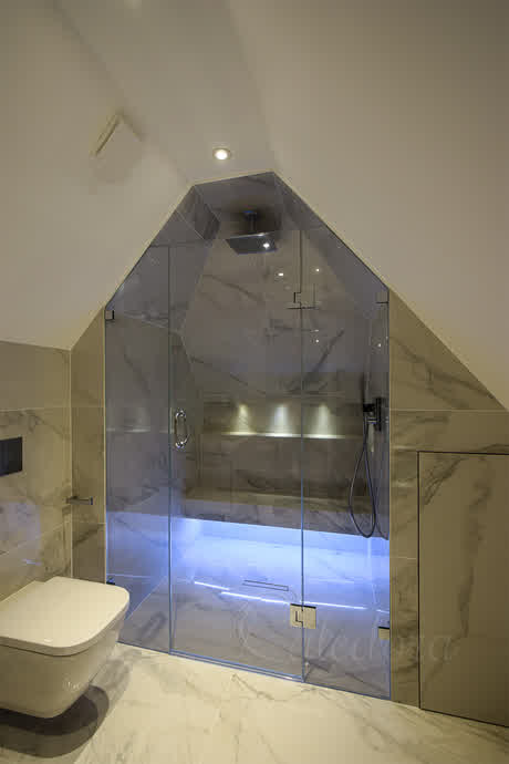 inline shower door with two screens under eaves