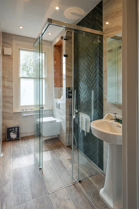 double door opening corner sliding shower enclosure