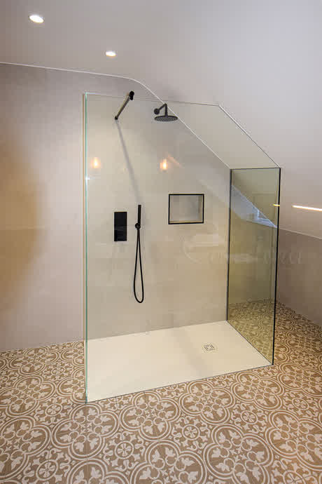 bespoke made three sides frameless shower screen under sloped ceiling